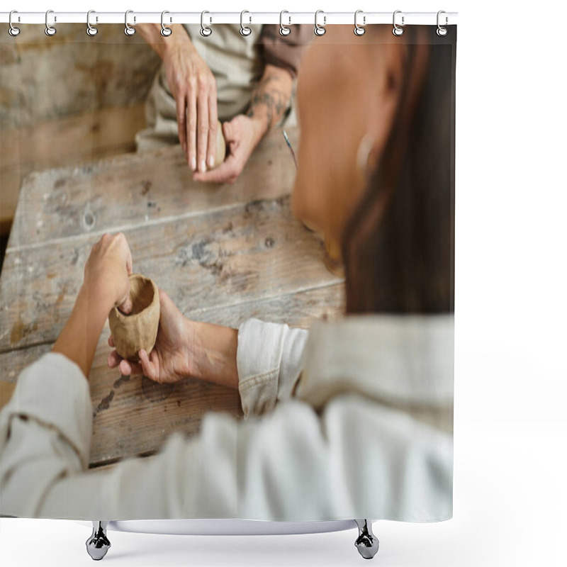 Personality  A Mature Couple Joyfully Shapes Clay During Their Pottery Class, Sharing Quality Time. Shower Curtains