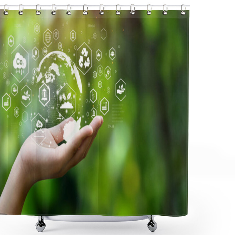 Personality  ESG Icon Concept. Environment, Society And Governance. Energy Of Natural Gas Sustainable And Ethical Business On Network Connection On Green Background. Shower Curtains