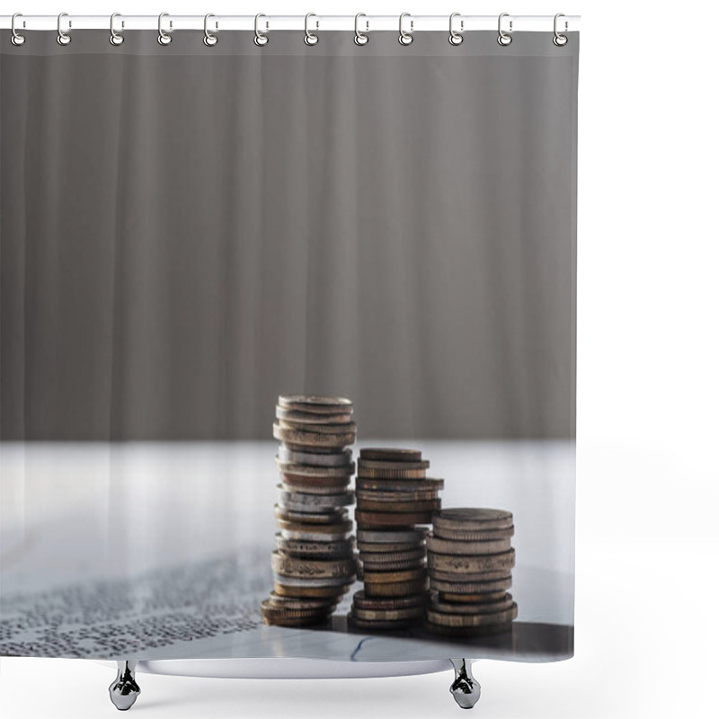 Personality  Selective Focus Of Coins Stacks On Document And Blurred Grey Background Shower Curtains