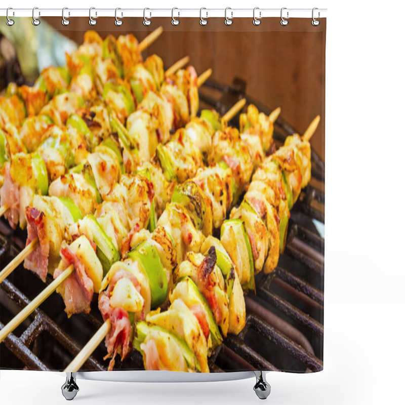 Personality  BBQ Barbecuing Skewers, Grill With Vegetable Skewer - Close Up. Shower Curtains