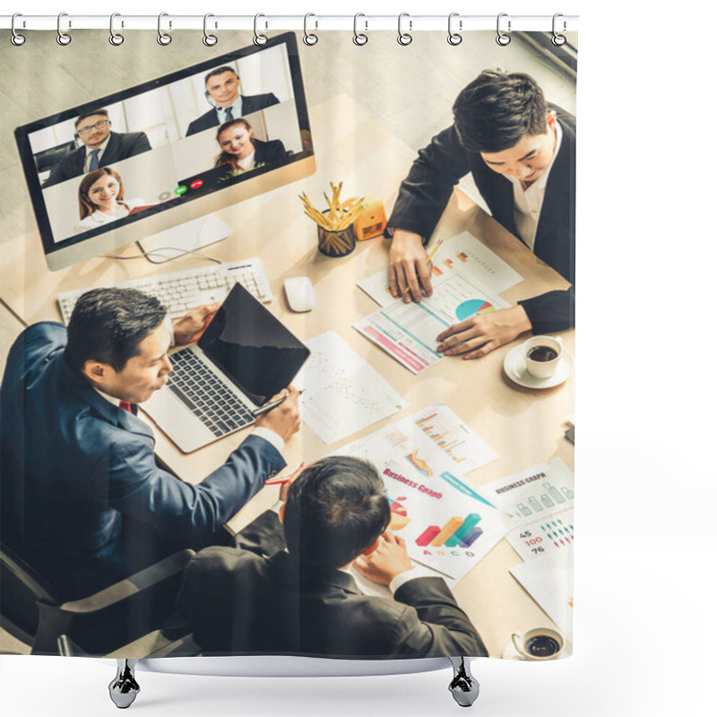 Personality  Video Call Group Business People Meeting On Virtual Workplace Or Remote Office. Telework Conference Call Using Smart Video Technology To Communicate Colleague In Professional Corporate Business. Shower Curtains