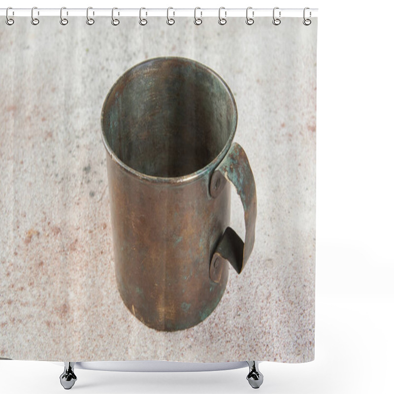 Personality  Old Military Brass Mug With Handle On Concrete Background. Copy Space For Text, Photography Props Shower Curtains