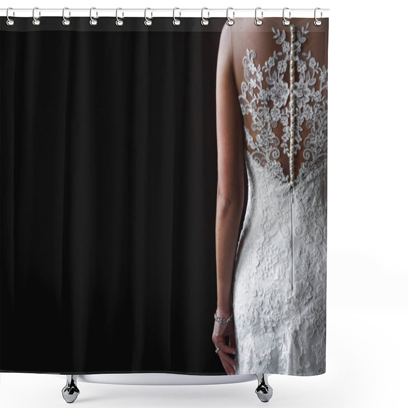 Personality  Back View Of Woman In Stylish Elegant Wedding Dress With Lace On Black Background Shower Curtains