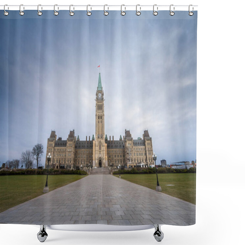 Personality  Main Clock Tower Of Center Block Of Parliament Of Canada, In Canadian Parliamentary Complex Of Ottawa, Ontario, Containing Senate & House Of Commons On A Cloudy Afternoon. Shower Curtains