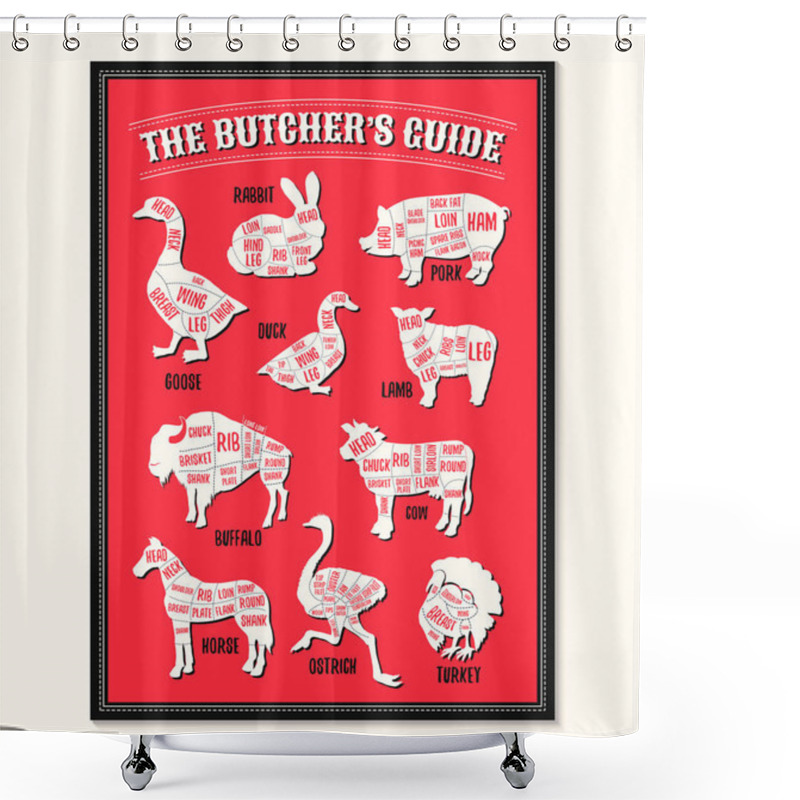 Personality  Meat Cutting Charts Butcher Diagram Or Guide. Cutting Tips, Vertical Red Poster For Restaurant Menu Design. Ready For Print Vector Illustration. Label For Farm Animals Design Shower Curtains