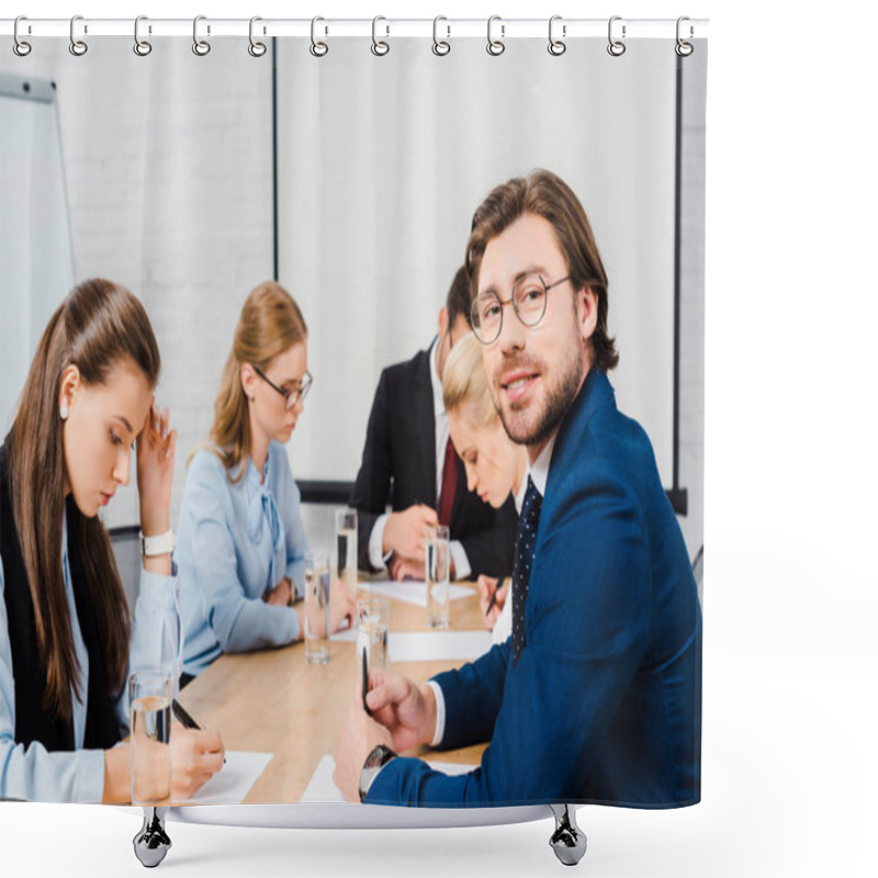 Personality  Smiling Young Businessman Sitting At Conference Hall With Colleagues During Conversation Shower Curtains