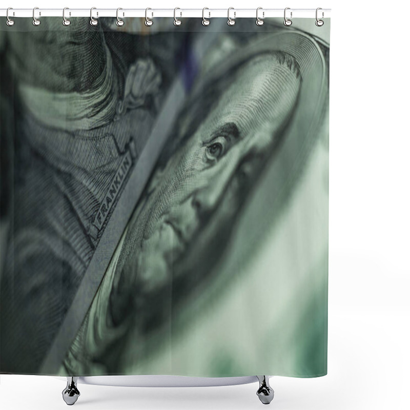 Personality  Close Up Franklin's Face  On A One Hundred Dollar. American, US Dollars Cash Money Background. Shower Curtains