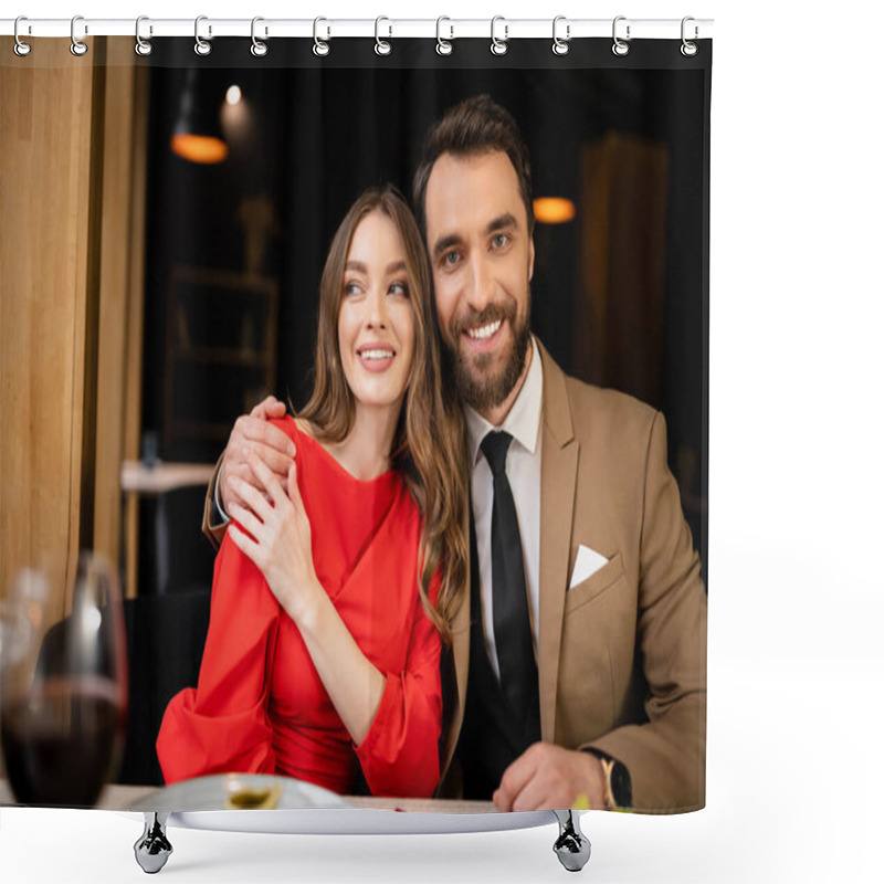 Personality  Bearded Man Hugging Cheerful Young Woman In Red Dress And Looking At Camera On Valentines Day  Shower Curtains