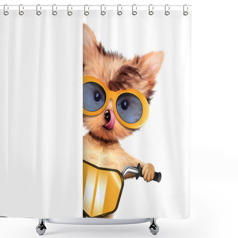 Personality  Adorable Puppy Sitting On A Bike With Helmet Shower Curtains