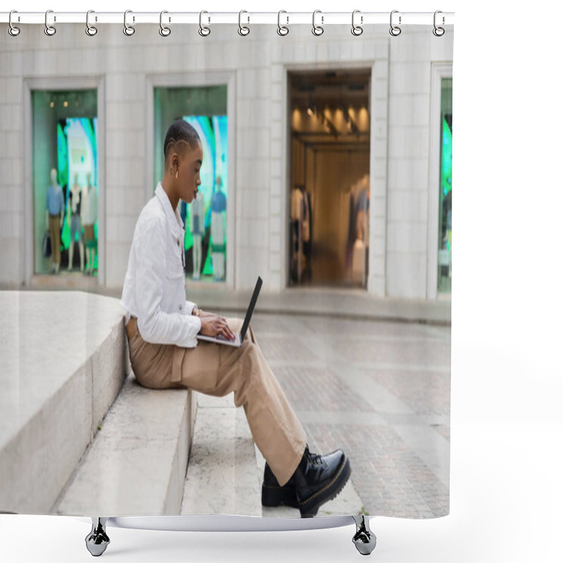 Personality  Side View Of Stylish African American Freelancer Using Laptop With Blank Screen On Stairs On Urban Street In Italy Shower Curtains