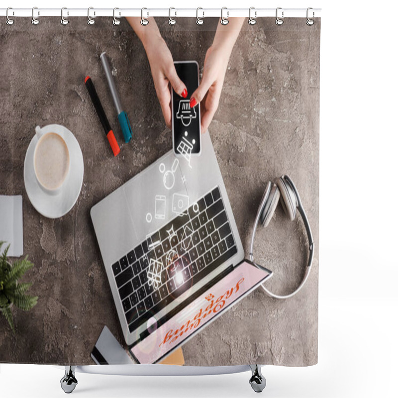 Personality  Top View Of Woman Holding Smartphone Near Laptop, Illustration, Cup Of Coffee, Plant, Headphones And Credit Cards, E-commerce Concept Shower Curtains