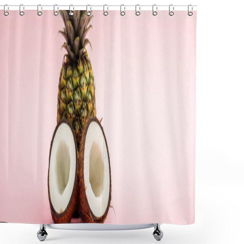 Personality  Ripe Pineapple And Fresh Coconut Halves On Pink Background, Panoramic Shot Shower Curtains