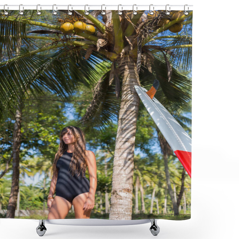 Personality  Young Surfer Posing With Surfboard Near Palm Tree Shower Curtains