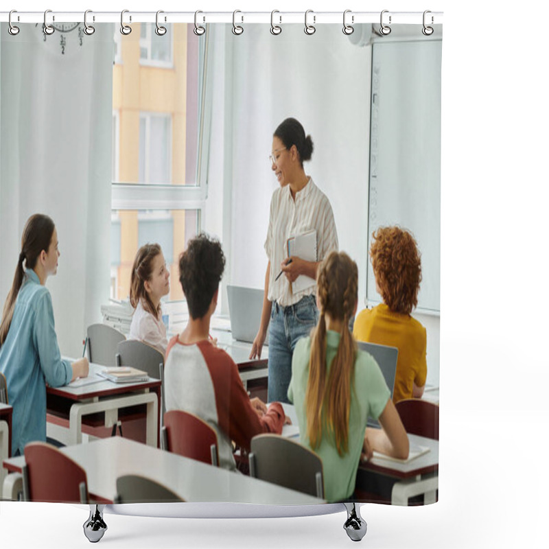 Personality  Smiling Schoolgirl Looking At African American Teacher With Notebook During Lesson In Classroom Shower Curtains