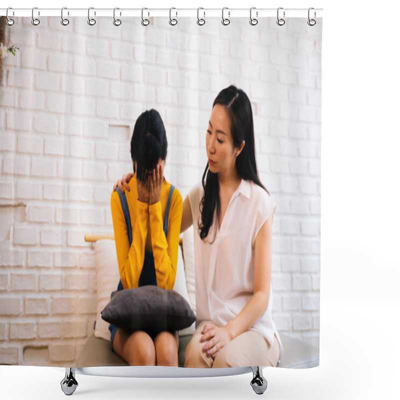 Personality  Asian Mother Comforting Crying Teenage Daughter In Miserable, Stressed, Depressed, Sad State Of Mind Shower Curtains