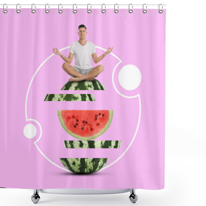 Personality  Happy Man Meditating On Top Of Cut Watermelon Against Pink Background. Bright Creative Design Shower Curtains