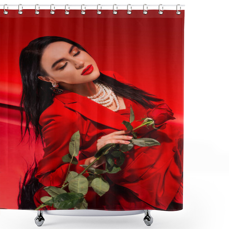 Personality  Young Woman In Jacket And Pearl Necklace Posing With Rose On Red Background  Shower Curtains