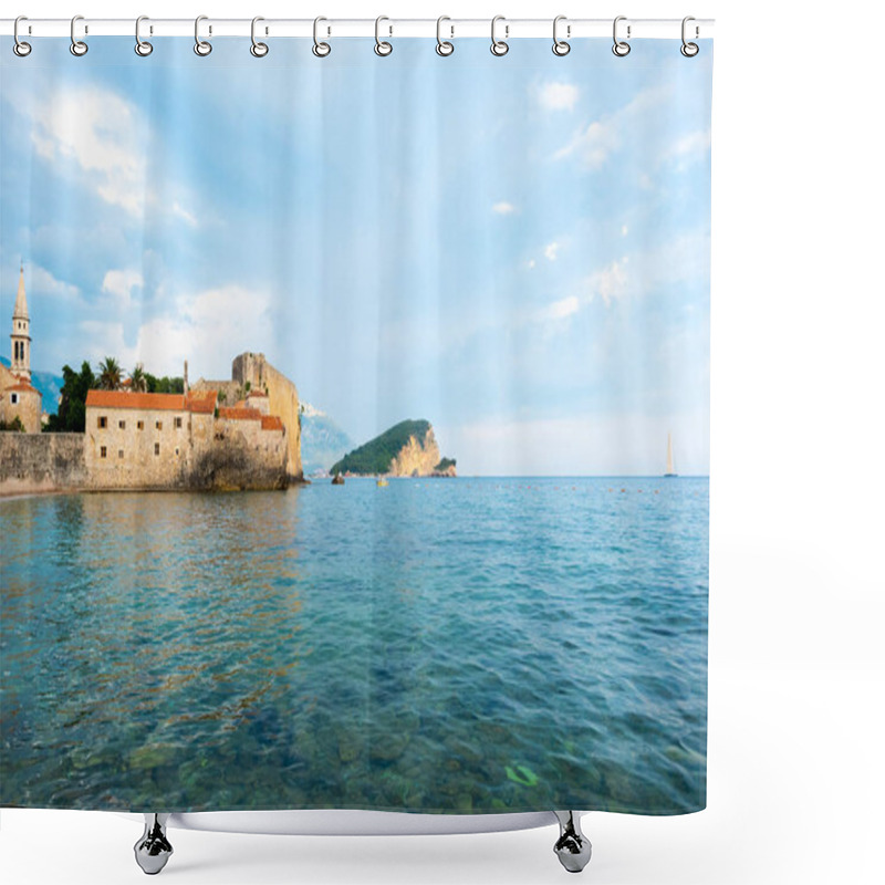 Personality  Bell Tower Of Sveti Ivana Cathedral And Adriatic Sea In Budva, Montenegro Shower Curtains