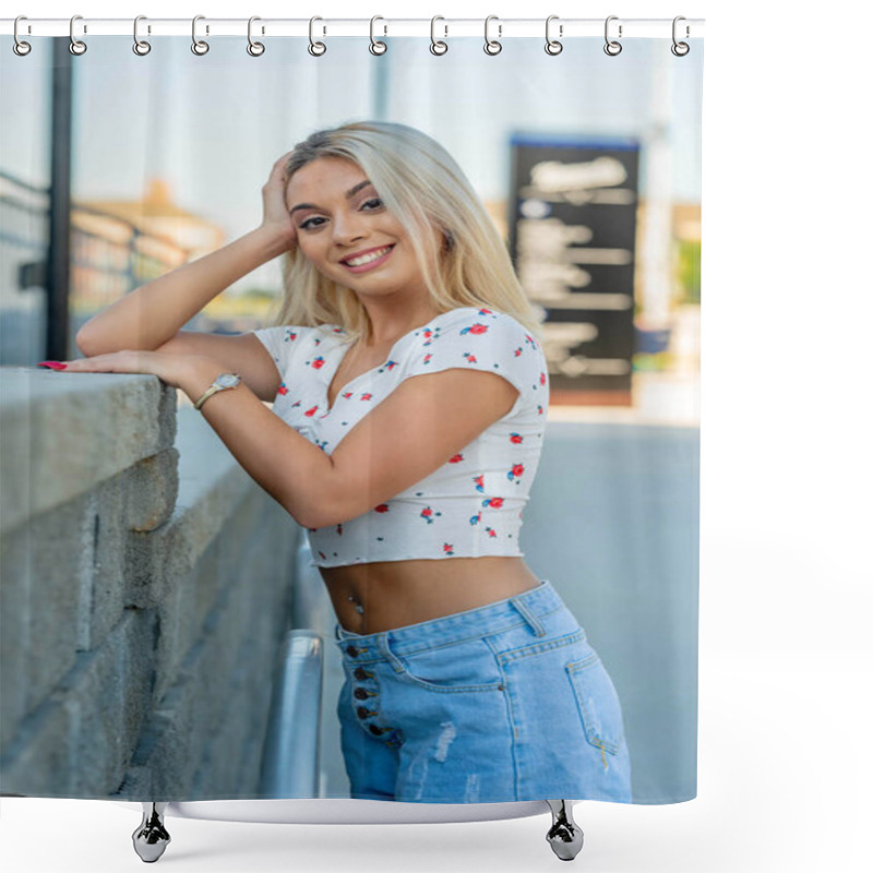 Personality  A Beautiful Young Woman Strolls Through Her Quaint Small Town, Basking In The Warmth Of Spring. Surrounded By Blooming Flowers And Fresh Air, She Radiates Joy, Enjoying The Peaceful Solitude. Shower Curtains