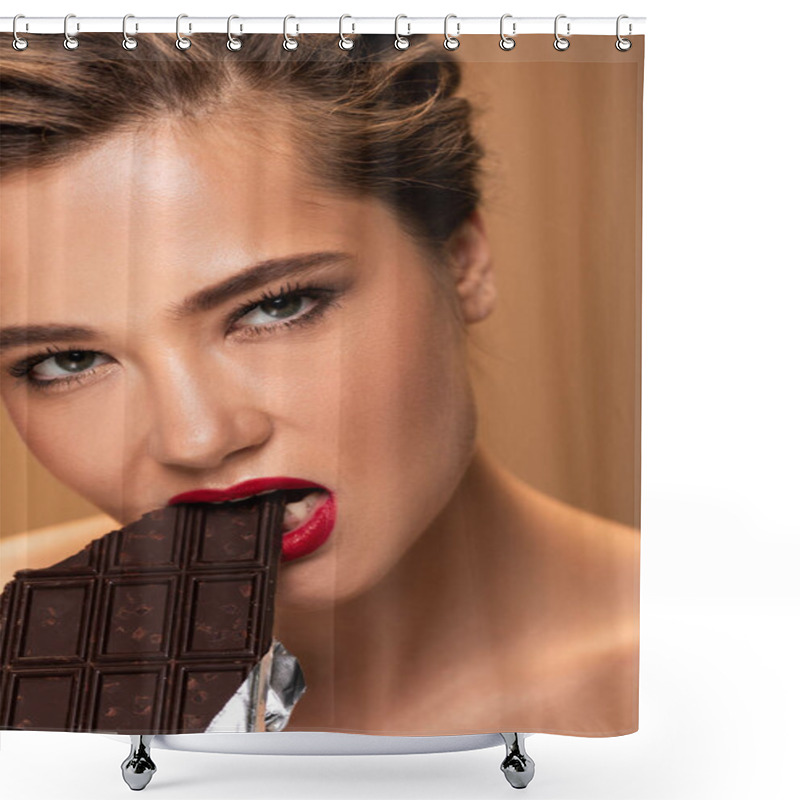 Personality  Beautiful Woman With Red Lips Biting Chocolate Bar In Silver Foil Isolated On Beige Shower Curtains