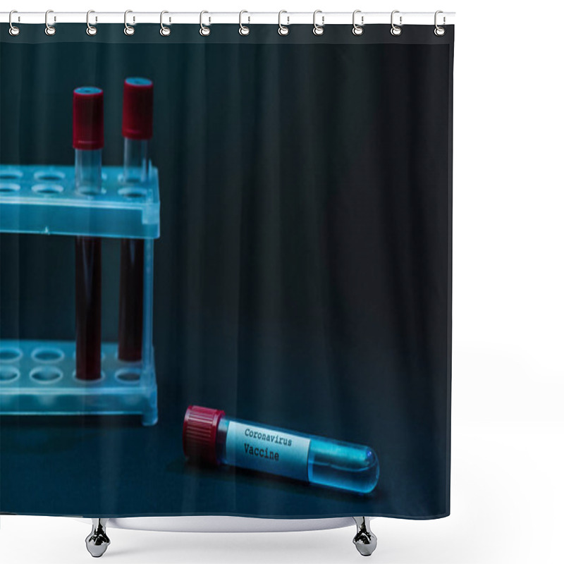 Personality  Coronavirus Vaccine Near Test Tube Rack With Blood Samples On Dark Shower Curtains