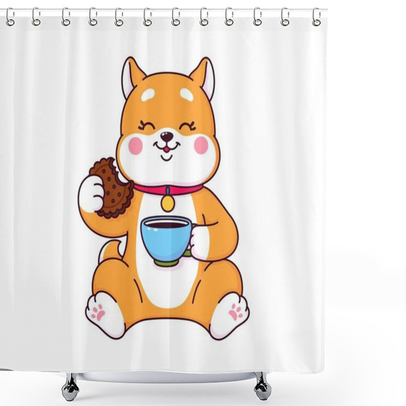 Personality  Cartoon Japanese Kawaii Shiba Inu Puppy Character With Coffee And Donut. Isolated Vector Dog With Happy Smile On Its Face Enjoys A Fun Party. Cute Animal Personage Sipping Drink And Munching Cookie Shower Curtains