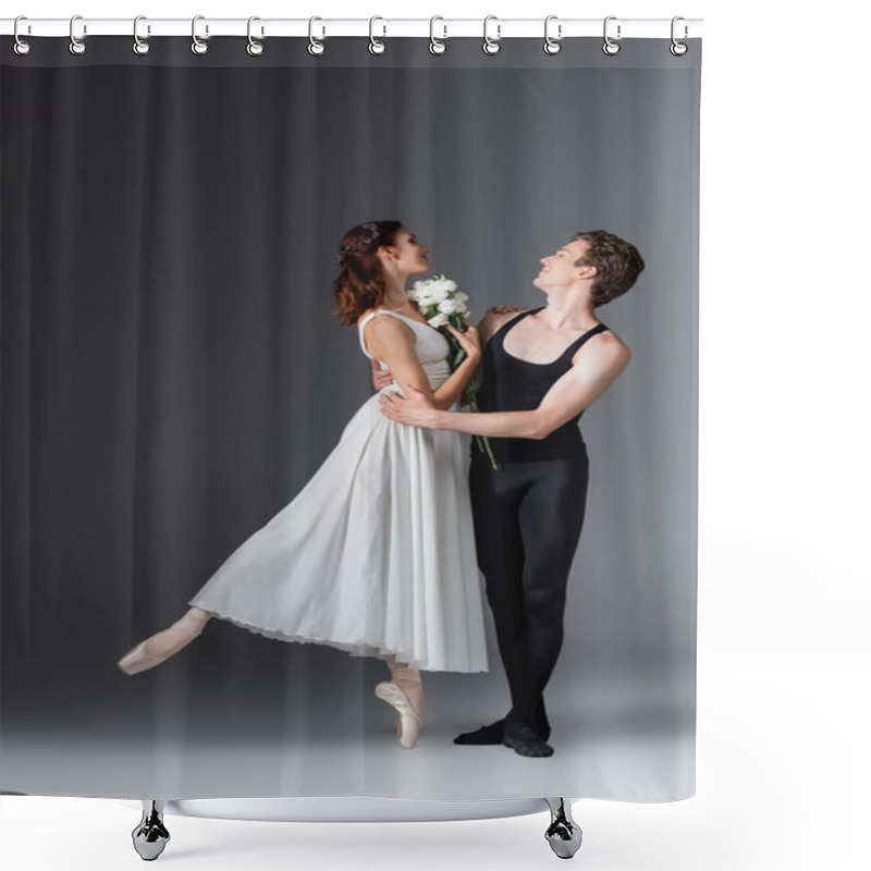 Personality  Full Length Of Graceful Ballerina In White Dress Holding Flowers And Dancing With Partner On Dark Grey Shower Curtains