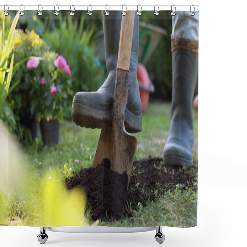 Personality  Man Digging Soil With Shovel Outdoors On Sunny Day, Closeup. Gardening Time Shower Curtains