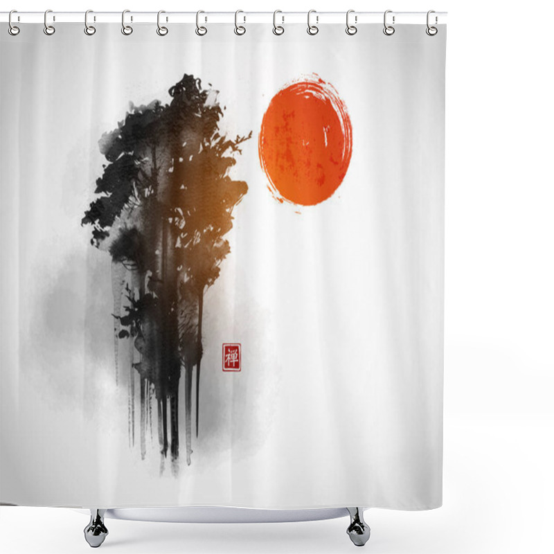 Personality  High Forest Trees And Big Red Sun In Fog. Traditional Oriental Ink Painting Sumi-e, U-sin, Go-hua. Translation Of Hieroglyph - Zen. Shower Curtains