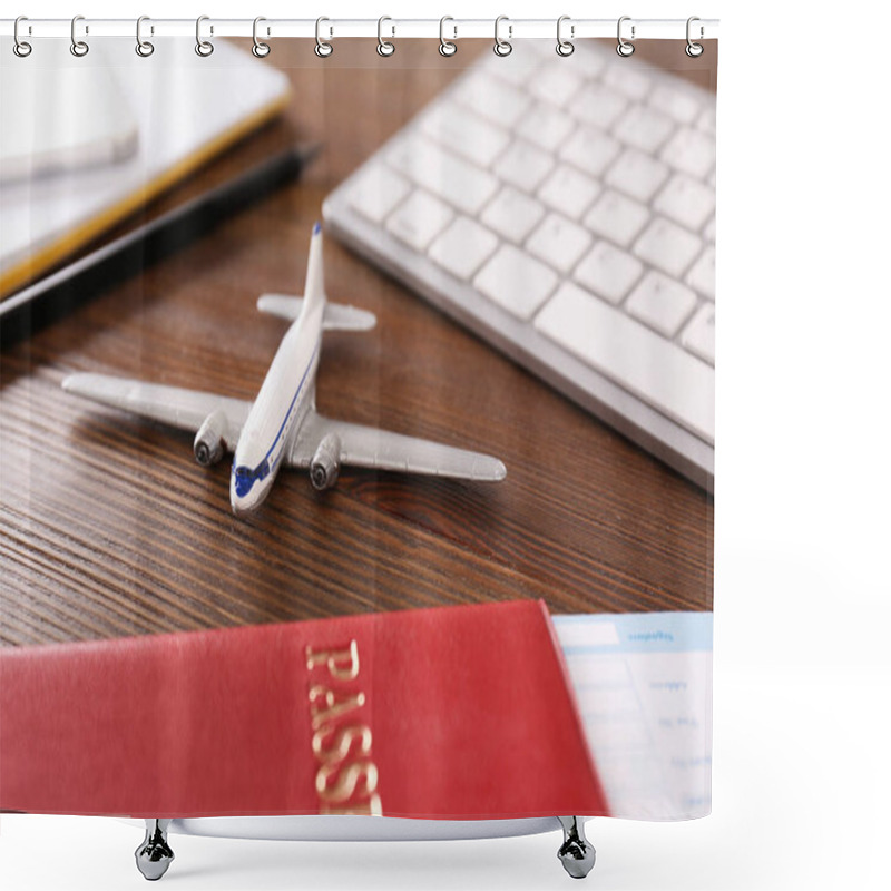 Personality  Composition With Airplane Model On Wooden Table. Travel Agency Concept Shower Curtains