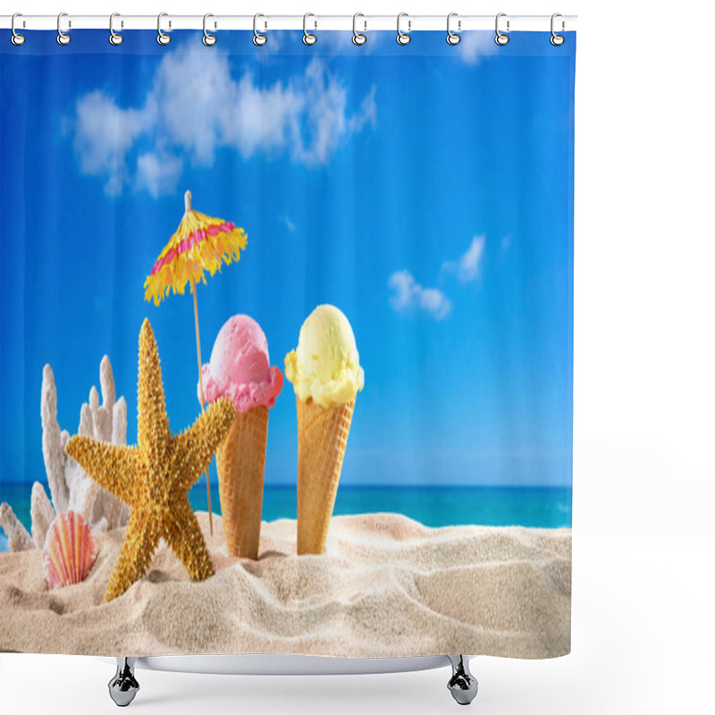 Personality  Ice Creams Cones And Seashells In The Sand On The Beach With Ocean Landscape Shower Curtains