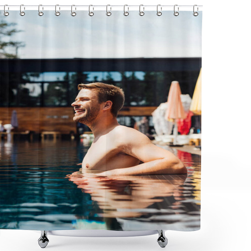 Personality  Happy Shirtless Young Man In Swimming Pool In Sunny Day Shower Curtains