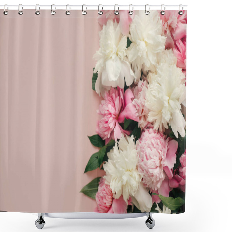 Personality  Stylish Peonies Flat Lay. Pink And White Peonies On Pastel Pink Paper With Space For Text. Hello Spring. Happy Mothers Day, Floral Greeting Card Mockup. International Womens Day. Shower Curtains