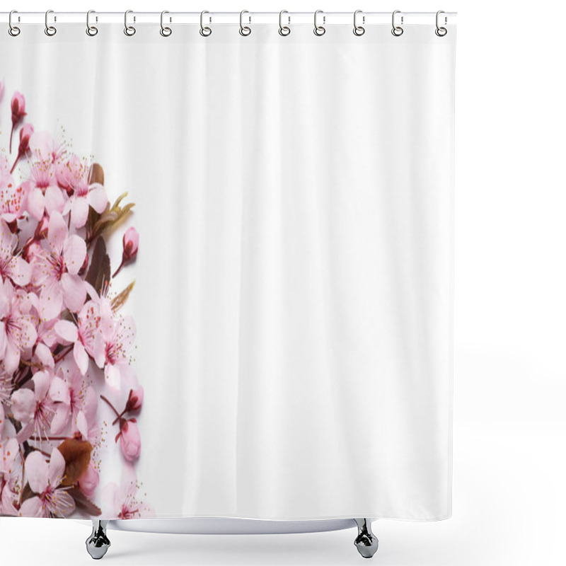 Personality  Beautiful Spring Tree Blossoms On White Background, Top View. Space For Text Shower Curtains