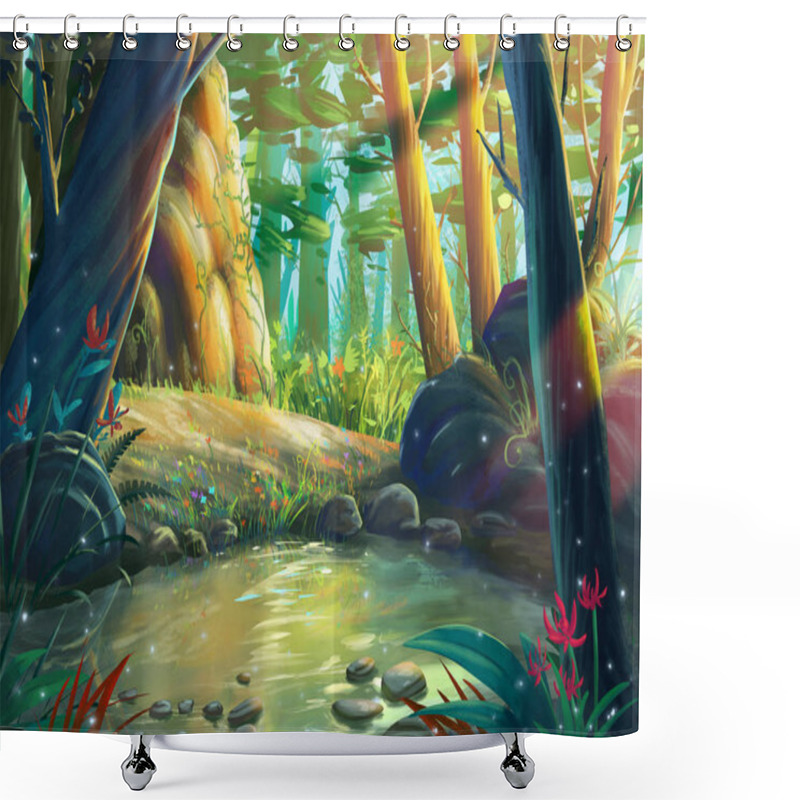 Personality  The Fantasy Forest Moring By The Riverside With Fantastic, Realistic And Futuristic Style. Video Game's Digital CG Artwork, Concept Illustration, Realistic Cartoon Style Scene Design Shower Curtains