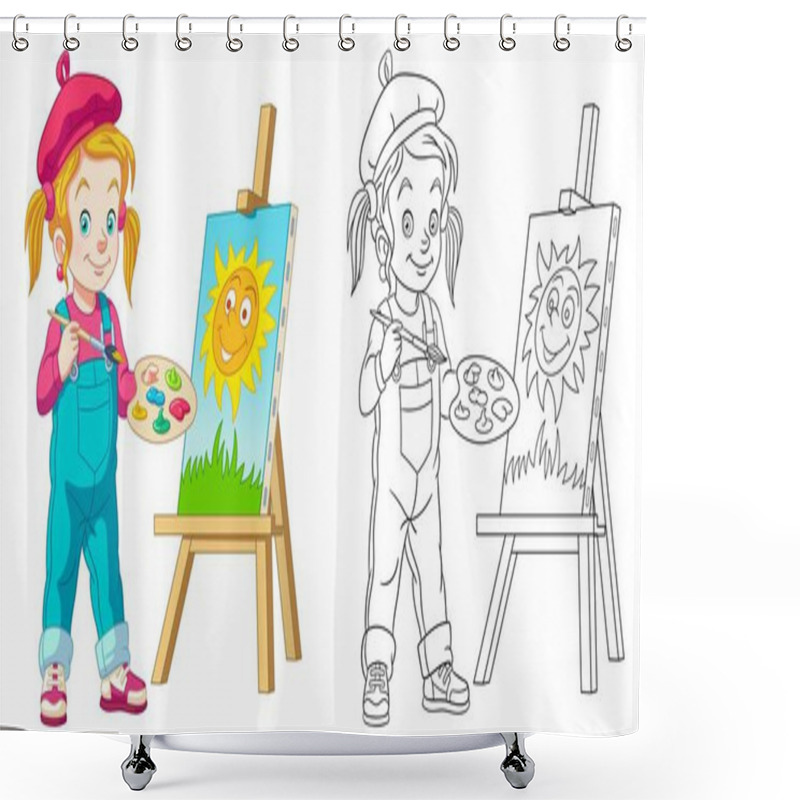 Personality  Coloring Page With Girl Painting. Line Art Drawing For Kids Activity Coloring Book. Colorful Clip Art. Vector Illustration. Shower Curtains