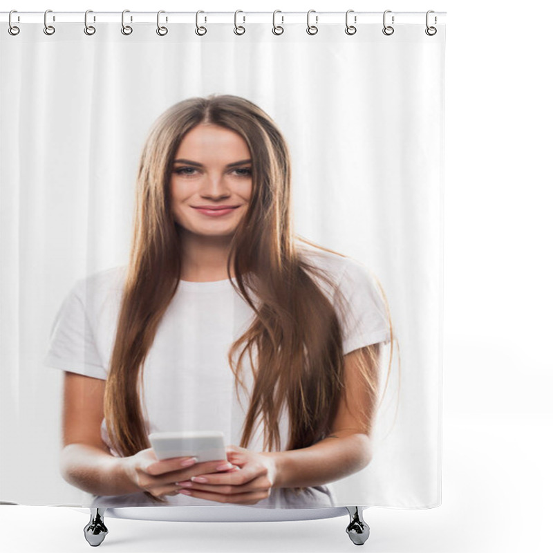 Personality  Girl Holding Smartphone Shower Curtains