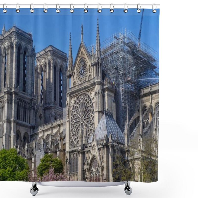 Personality  Paris, France - April 17, 2019: Restoration Of The Cathedral Notre Dame In Paris After A Massive Fire Ravaged A Part Of It Shower Curtains