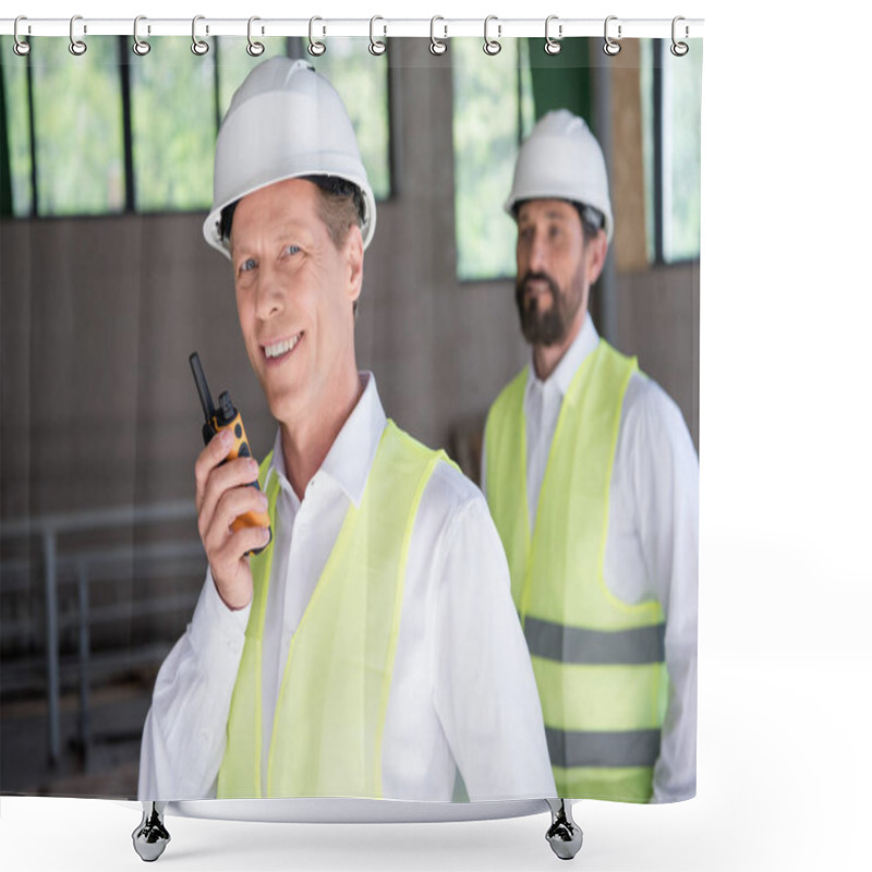 Personality  Mature Constructor Talking On Radio Set Shower Curtains