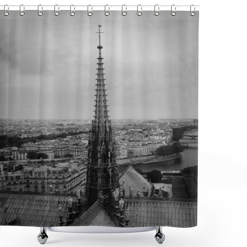 Personality  The Spire Of Notre Dame De Paris, Panoramic View Of Paris And River Seine From The Roof Of Notre Dame Cathedral, France. Cloudy Weather. Shower Curtains