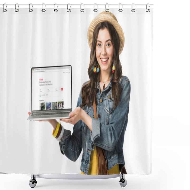 Personality  KYIV, UKRAINE - FEBRUARY 4, 2019: Smiling Hippie Girl In Straw Hat Holding Laptop With Airbnb Website On Screen Isolated On White Shower Curtains