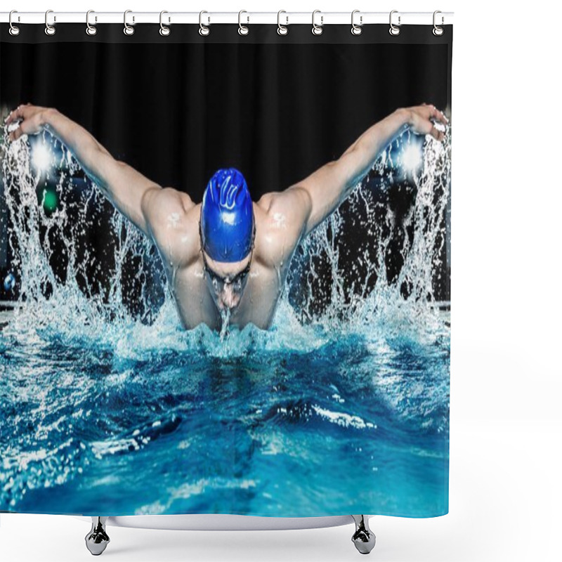 Personality  Muscular Young Man In Blue Cap In Swimming Pool Shower Curtains