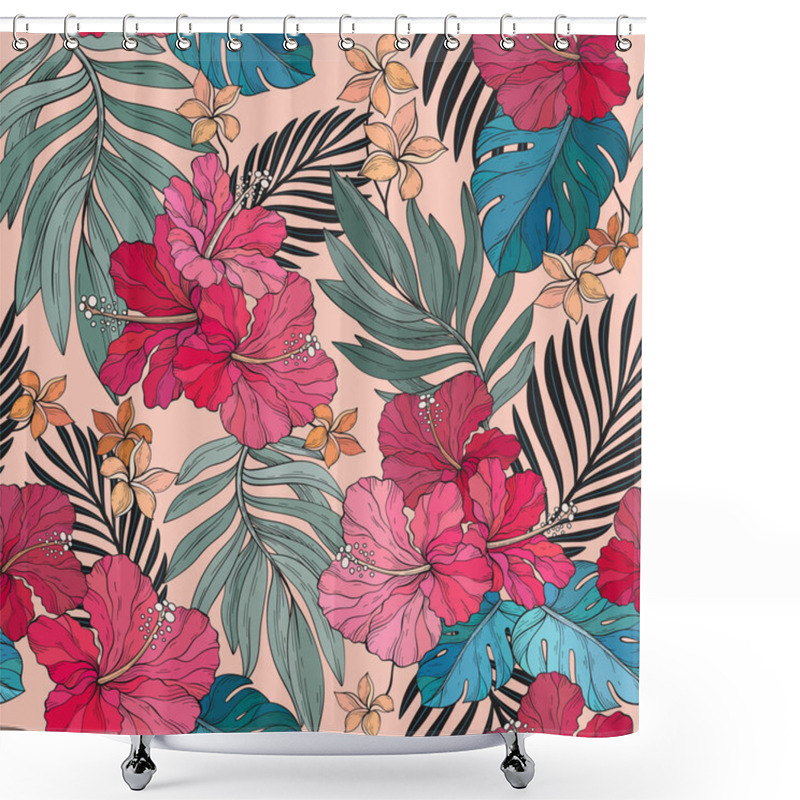 Personality  Seamless Exotic Pattern With Tropical Flowers. Hibiscus, Palm. Vector Illustration. Shower Curtains