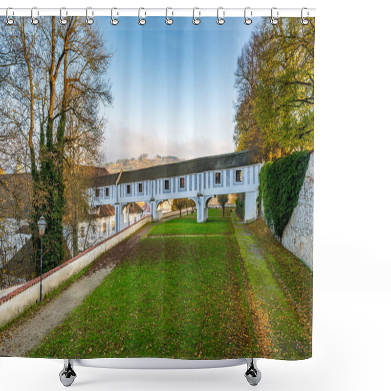 Personality  Covered Bridge From Cesky Krumlov Castle Leading Into The Park, Arching Over A Narrow Alley. The Historic Structure Adds A Touch Of Charm To The Peaceful Surroundings Shower Curtains