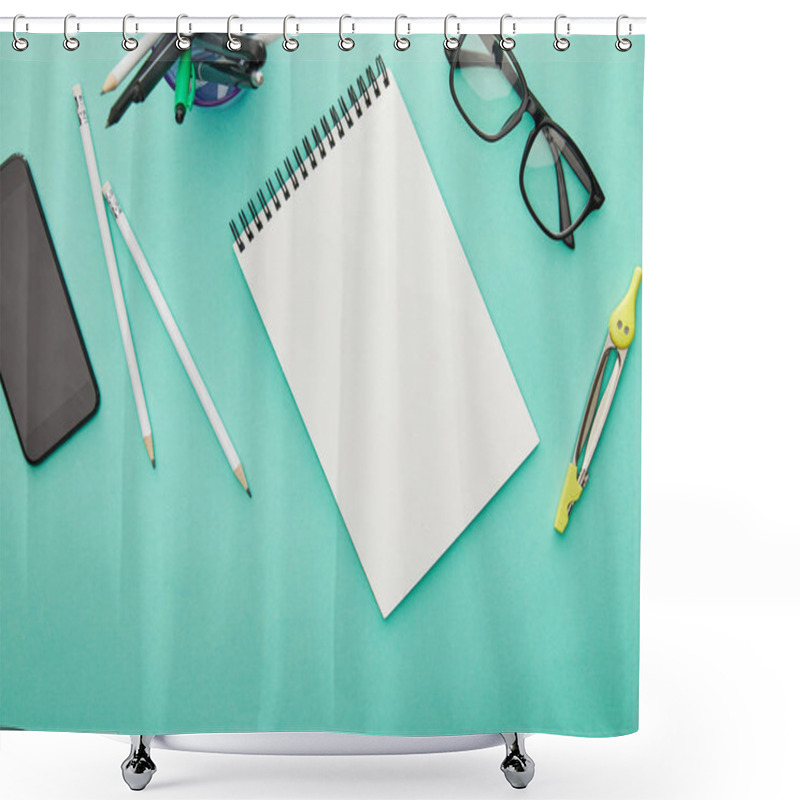 Personality  Top View Of Smartphone With Blank Screen Near Glasses, Stationery And Notebook Isolated On Turquoise Shower Curtains