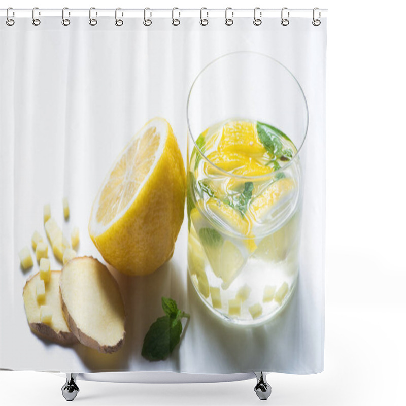 Personality  Fresh Ginger Lemonade In Glass With Lemon And Mint On White Background Shower Curtains