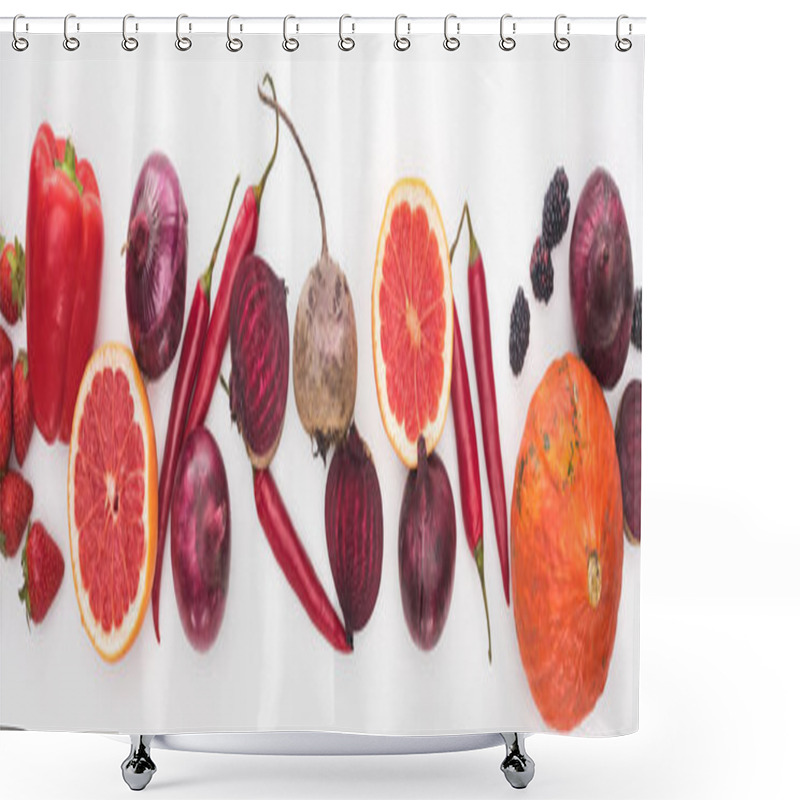 Personality  Panoramic Shot Of Onions, Beetroots, Grapefruits, Peppers, Pumpkin And Berries On White Background Shower Curtains