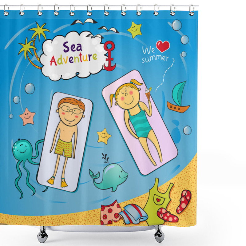 Personality  Beach Graphic Set In Doodle Style Shower Curtains