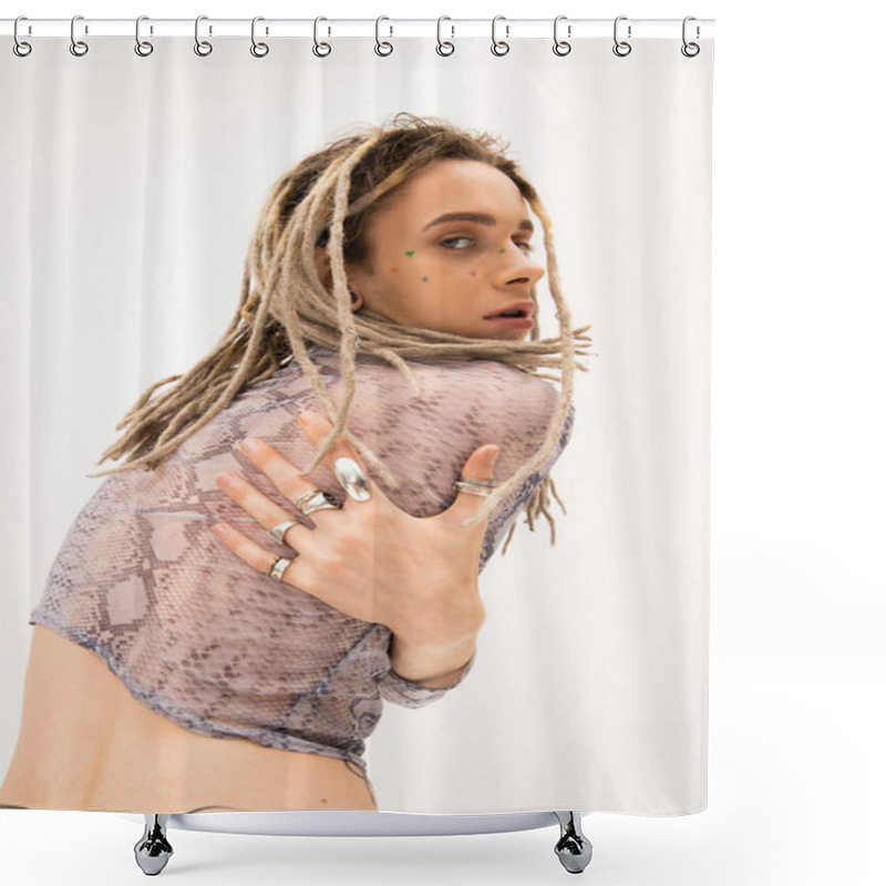 Personality  Trendy Queer Model In Silver Rings And Snakeskin Print Top Looking At Camera Isolated On White Shower Curtains