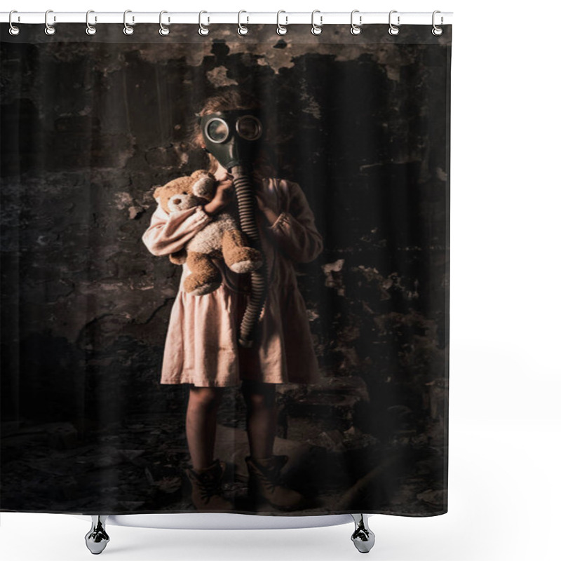 Personality  Kid In Gas Mask Standing And Holding Teddy Bear, Post Apocalyptic Concept Shower Curtains